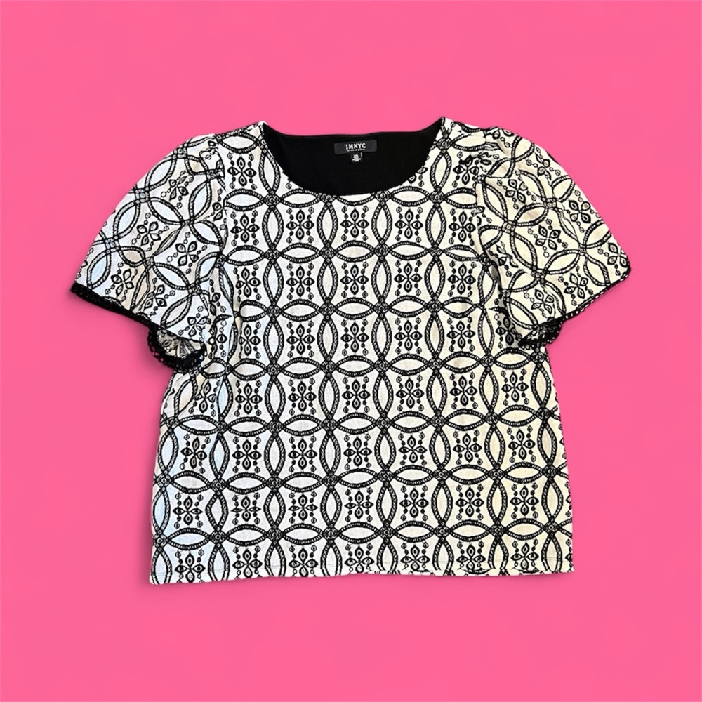 IMNYC Isaac misrahi Black and White Patterned Short Sleeve Top